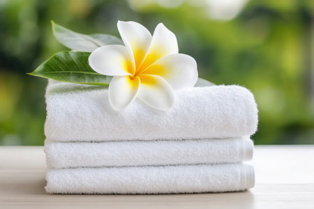 Delicate plumeria flower rests on pristine white towels, set against a lush, blurred green background, conveying freshness, tranquility, and spa-like relaxation.の素材
