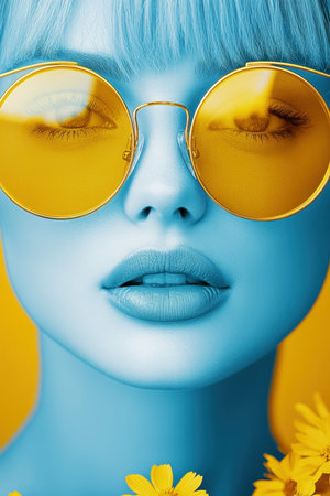 A striking conceptual portrait of a young woman with blue skin, wearing yellow sunglasses and surrounded by yellow flowers. The vibrant yellow background enhances the artistic and surreal aestheticの素材