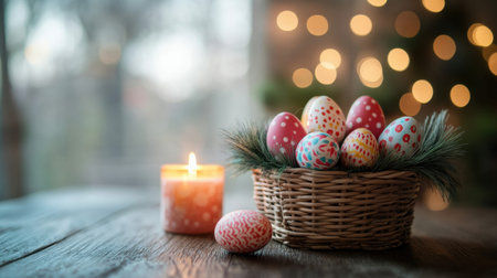 A beautifully arranged basket filled with vibrant Easter eggs, surrounded by a soft glow from a lit candle. The warm ambiance and decorative elements create a joyful atmosphere perfect for celebrating the Easter holidayの素材