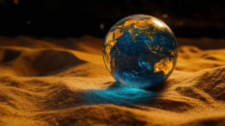 A stunning glowing globe rests on a soft sandy surface, beautifully illustrating the continents and oceans of Earth. This captivating image symbolizes the planet's beauty and the importance of environmental awarenessの素材