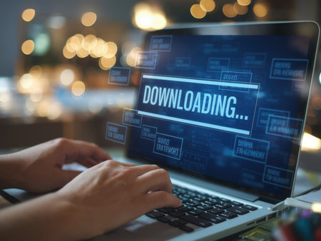 A close-up view of hands typing on a laptop, with a prominent downloading message on the screen. This image captures the essence of technology and digital connectivity in a modern workspaceの素材