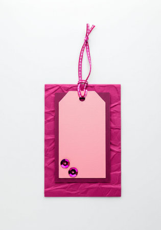 A beautifully designed gift tag featuring a pink base with a textured finish, complemented by a darker purple layer and shiny decorative gems. This image captures the essence of creativity in gift presentationの素材