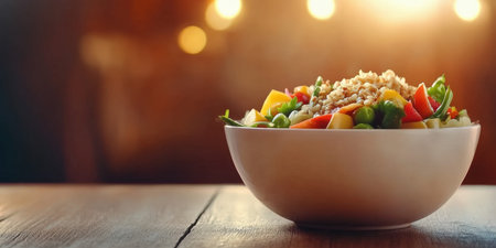 Nutrient-rich vegan salad featuring vibrant vegetables and wholesome grains in a ceramic bowl. warm, inviting light enhances colors and creates an appetizing, healthy meal setting.の素材
