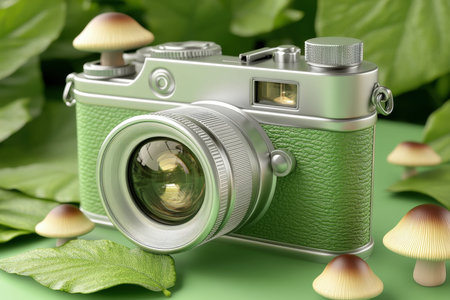 A retro-style green camera is placed amidst small mushrooms and lush green leaves, blending technology with nature. The composition evokes creativity, nostalgia, and organic aestheticsの素材