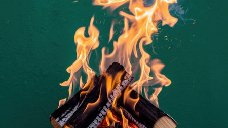 A captivating image of vibrant flames rising from burning logs, set against a striking green backdrop. This scene evokes warmth and energy, perfect for themes of fire, nature, and outdoor gatheringsの素材