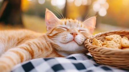 A serene scene featuring an orange tabby cat resting on a checkered blanket beside a wicker basket filled with cookies. The warm sunlight and autumn background create a cozy atmosphereの素材
