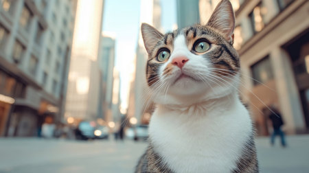 A close-up of a tabby cat with striking green eyes in a cityscape. The cat looks alert and curious, with blurred skyscrapers and urban surroundings in the background, creating a dynamic contrastの素材