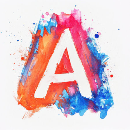 Colorful watercolor art featuring the letter a, showcasing vibrant splashes of red, pink, and blue. the creative use of color and texture provides a dynamic and artistic appeal.の素材