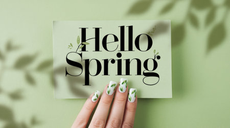 A beautifully designed Hello Spring greeting card held by a hand with elegant nail art, set against a soft green background. This image captures the essence of springtime renewal and creativity, perfect for seasonal celebrationsの素材
