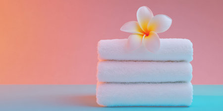 Stack of soft white towels topped with tropical flower set against a gradient background, creating a soothing and inviting atmosphere ideal for spa and wellness concepts.の素材