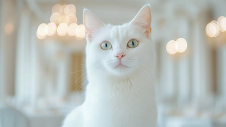 A beautiful white cat with striking green eyes sits indoors, surrounded by a softly lit, elegant setting. The blurred background highlights the cat's serene and regal demeanorの素材