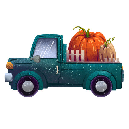 Illustration of a green truck or pickup truck with pumpkins in the trunk for the autumn harvest fairのイラスト素材