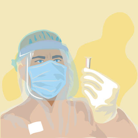 Doctor man in protective clothing holds a vaccineのイラスト素材