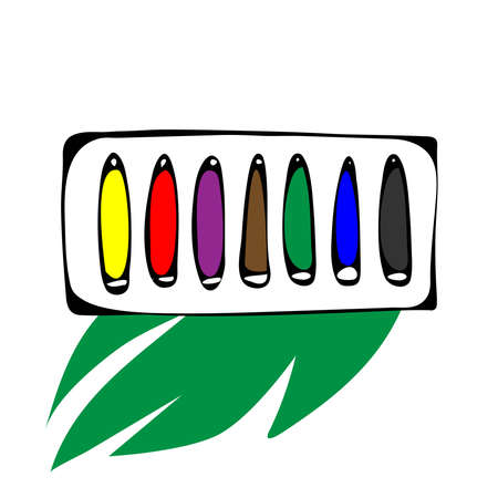 Colored pencil in a white pack. Childrens colored pencils in a box. Items for a child in paper packaging for school.のイラスト素材