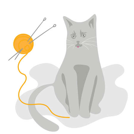 gray cat sits next to an orange ball of thread and knitting needlesのイラスト素材