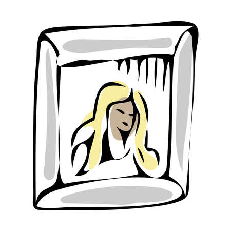 Blonde with wavy hair. Doodle portrait of a young girl in a square frameのイラスト素材