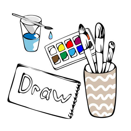 Set of school supplies or stationery hand drawn with contour lines on a white background. Lesson supplies for teaching.のイラスト素材