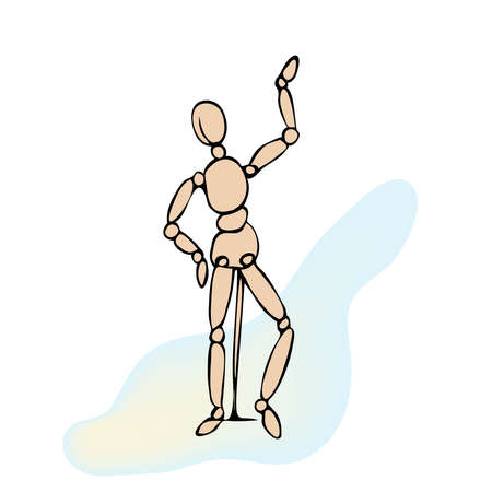 Wooden man model artist movable limbs doll. Gesture, action and movement study, draw. Human figure isolated.のイラスト素材