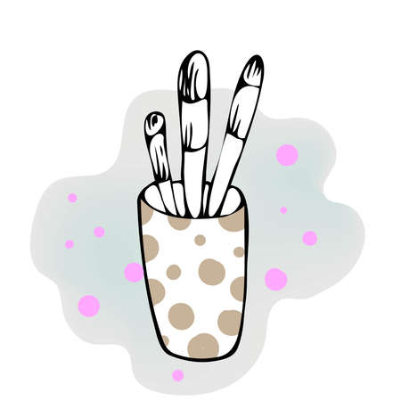 Brushes, pens and pencils in a cup. The outline is drawn by hand. Isolated elements on the background.のイラスト素材