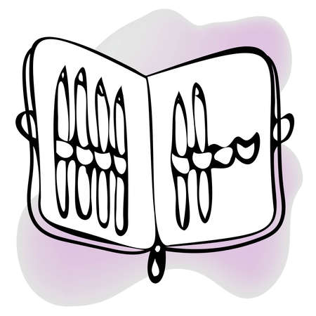 Pencil case with art materials. Brushes, pens and pencils. Sketch vector illustration isolated on background.のイラスト素材