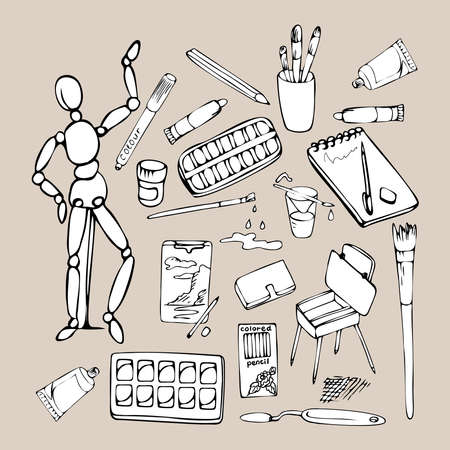 Set of school supplies or stationery hand drawn with contour lines on a white background. Lesson supplies for teaching.のイラスト素材