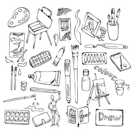 Set of school supplies or stationery hand drawn with contour lines on a white background. Lesson supplies for teaching.のイラスト素材