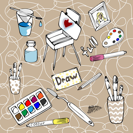Set of school supplies or stationery hand drawn with contour lines on a white background. Lesson supplies for teaching.のイラスト素材