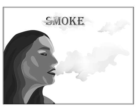 The woman smokes an electronic cigarette and releases a cloud of smoke. Advertising illustrationのイラスト素材
