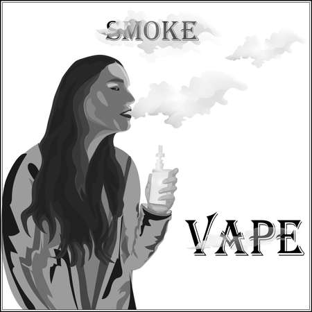 The woman smokes an electronic cigarette and releases a cloud of smoke. Advertising illustrationのイラスト素材