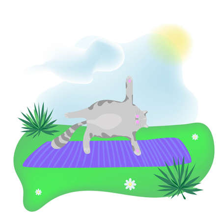 The cat Moon is engaged in fitness in the fresh air, yoga classes on the mat.のイラスト素材
