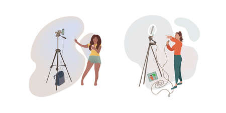 Set of female blogger figures. Live broadcast, women bloggers on social networks. Vlog, interviews, podcasts, video.の写真素材