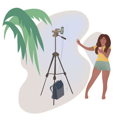 Live stream, Female blogger on social media. Vlog, interviews, podcasts, video recording.の写真素材