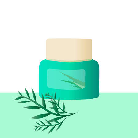 Jar of cream with a branch of a blossoming tea tree.のイラスト素材
