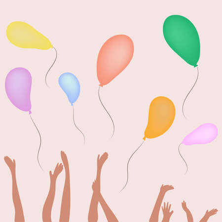 Children hands release colored balloons. Holiday, pajama party.のイラスト素材