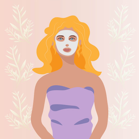Facial care for women. Daily skin care. Young woman applying clay facial mask on her face. Spa treatment.のイラスト素材