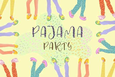 Vector illustration with pajama pants in slippers with the inscription Pajama Party in bright colors.のイラスト素材