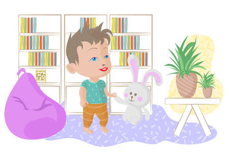 A cute little child stands in the nursery with a hare toy in his hands.のイラスト素材