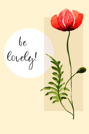 Greeting card with inscription and red poppy flower.の写真素材
