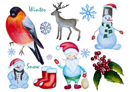 Set of watercolor hand drawn Christmas elements. Snowman, Santa Claus, deer, bullfinch, mountain ash.の写真素材