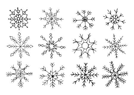 A hand-drawn set of snowflakes of different shapes.のイラスト素材