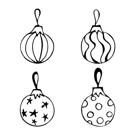 Hand drawn illustration of Christmas tree decorations in doodle style.のイラスト素材