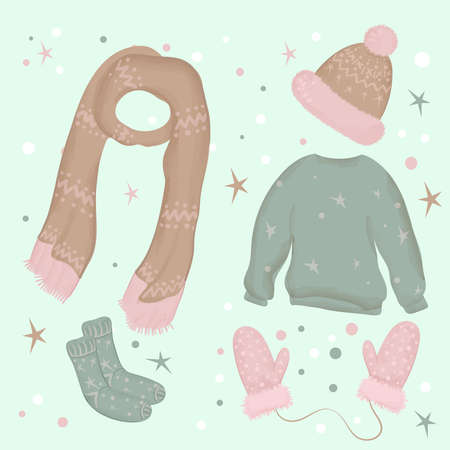 A set of winter things. A collection of warm clothes.のイラスト素材