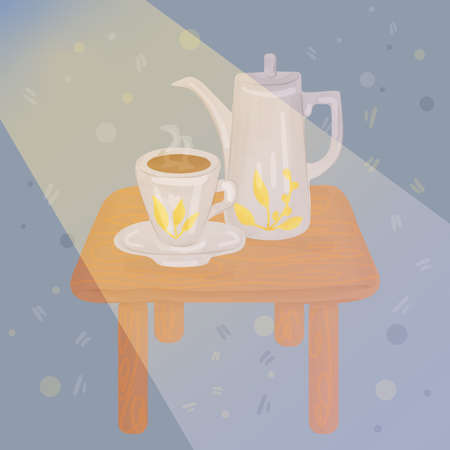 Coffee pot and cup on a wooden table in the morning.のイラスト素材