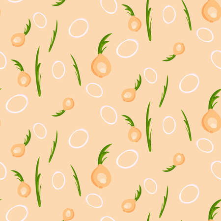 Vegetables seamless pattern. Fresh and organic onions background. Vector illustration.のイラスト素材