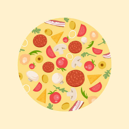 Pizza on a wooden cutting board with pizza ingredients.のイラスト素材