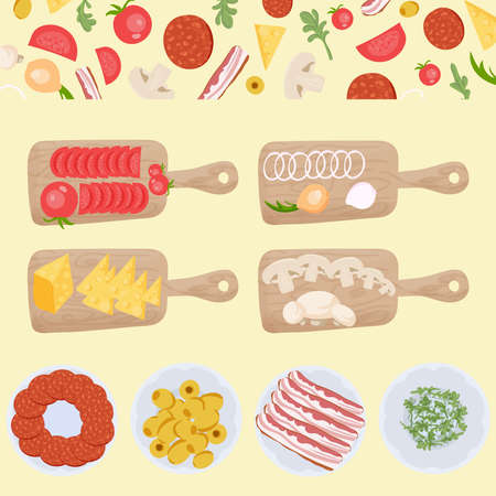 Pizza on a wooden cutting board with pizza ingredients.のイラスト素材