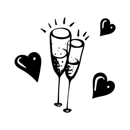 Cartoon drawing of two glasses of champagne decorated with hearts.のイラスト素材