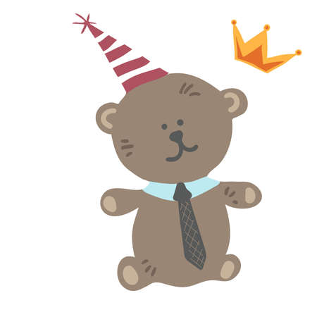 Happy Birthday with a teddy bear in a party hat and tie. Vector.のイラスト素材
