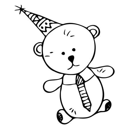 Happy Birthday with a teddy bear in a party hat and tie. Vector.のイラスト素材