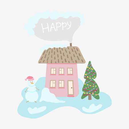 Scandinavian house with snow and Christmas trees.のイラスト素材